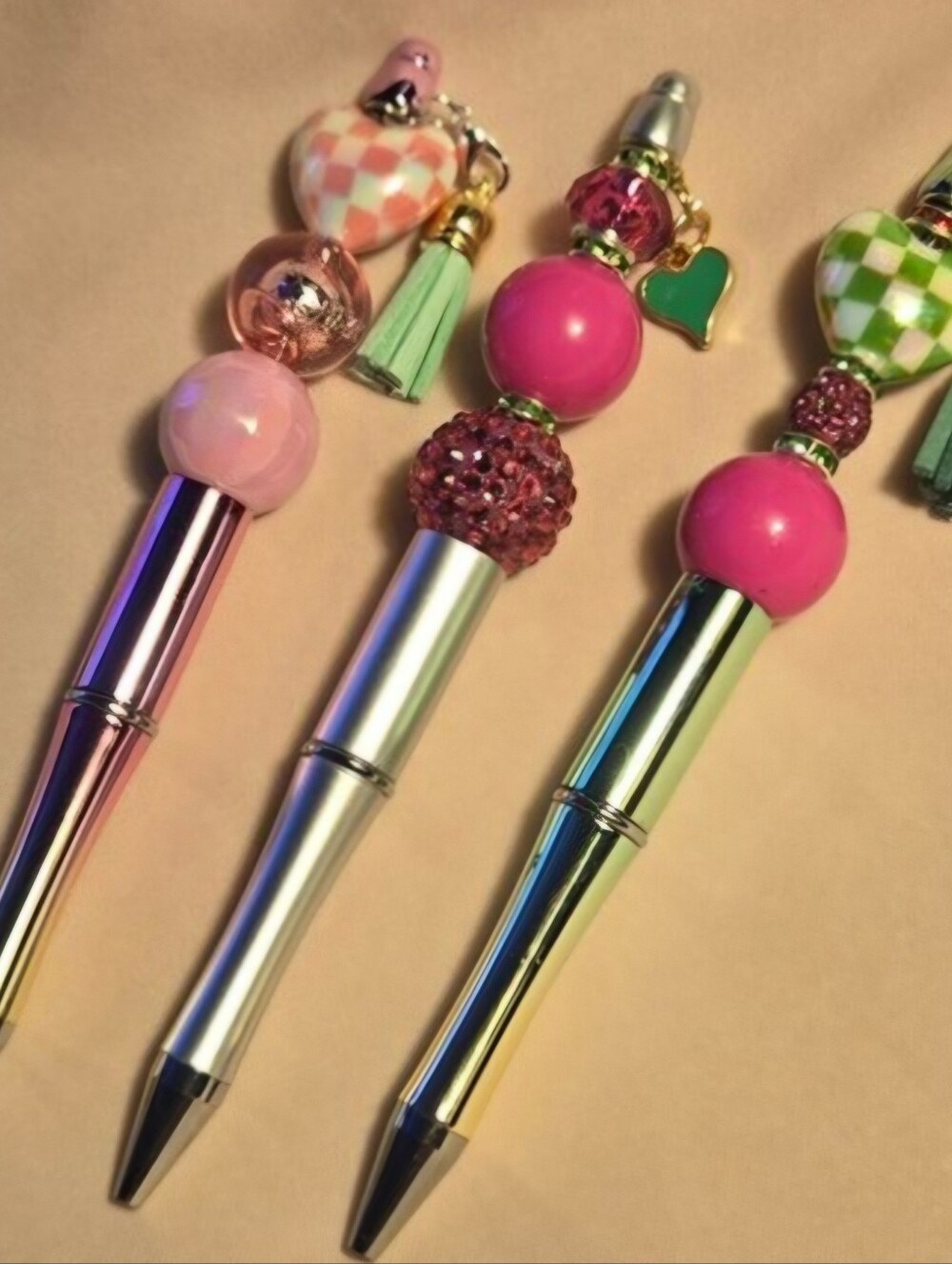 Set Of 3 - Includes 2 Refills Each Pink & Green Beaded Pens
